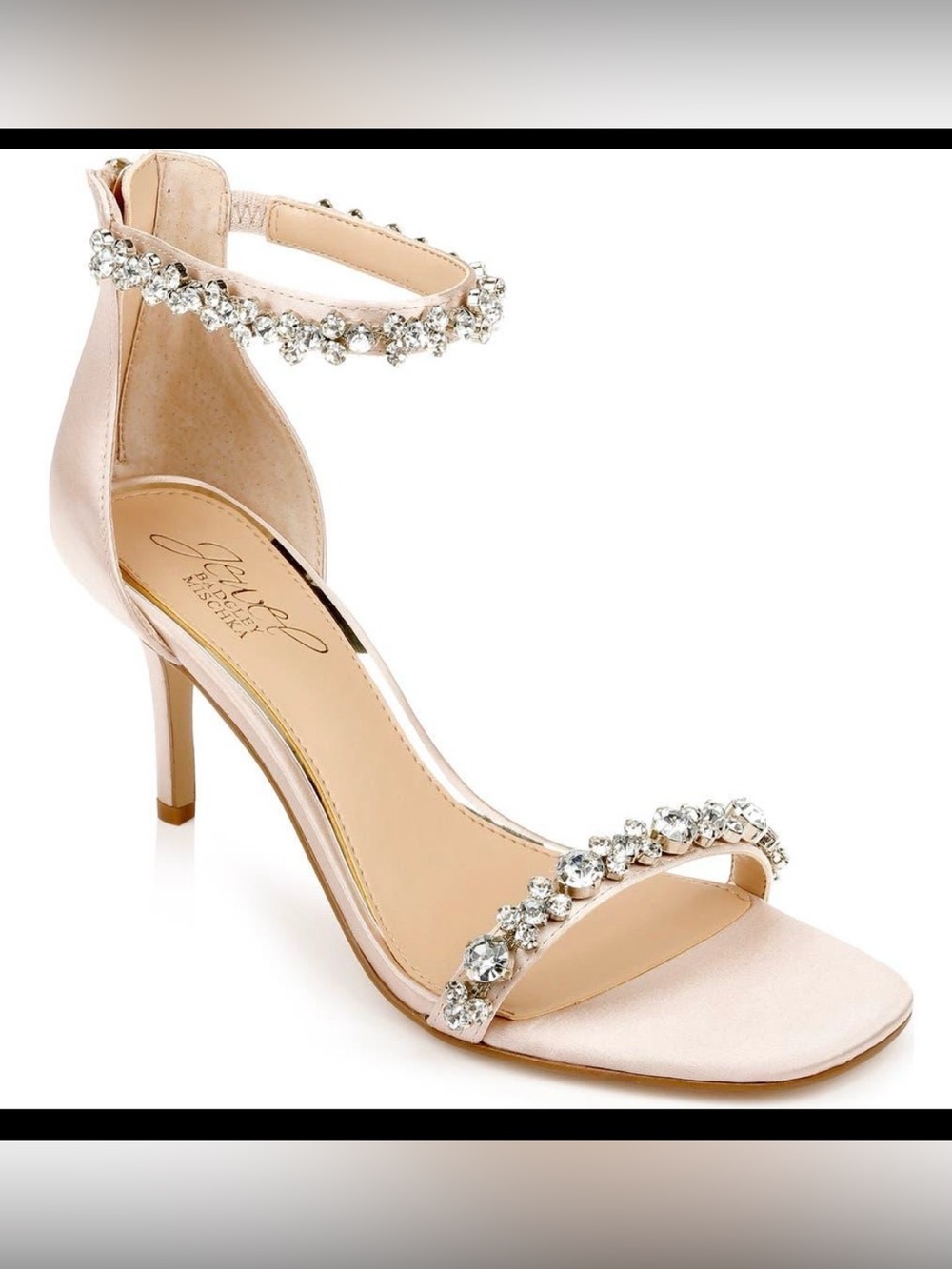 Badgley Mischka Crystal-Embellished Blush Satin Ankle-Strap Heels